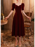 Burgundy Velvet A-Line Tea-Length Evening Dress with Puff Sleeves and Sweetheart Neckline