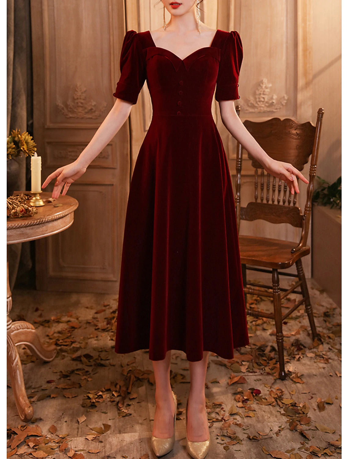 Burgundy Velvet A-Line Tea-Length Evening Dress with Puff Sleeves and Sweetheart Neckline
