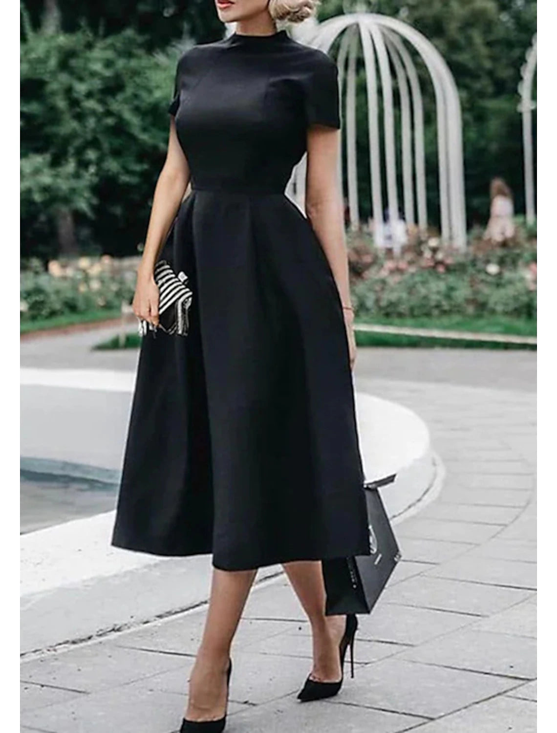 Black Crepe High Neck A-Line Midi Dress