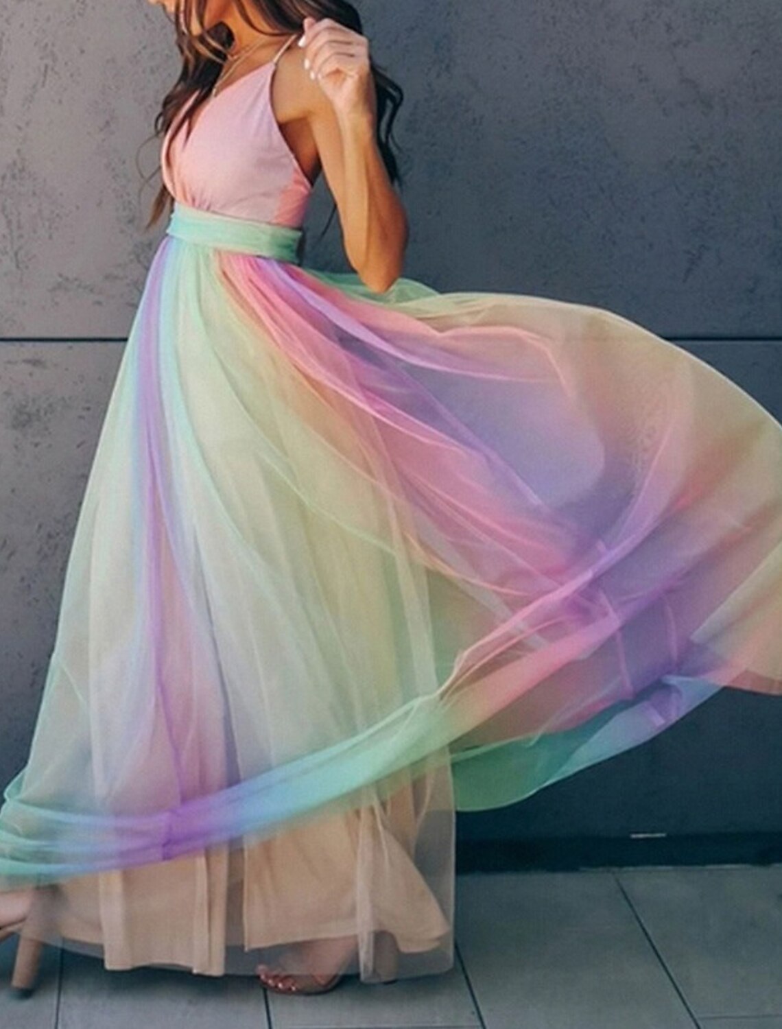 Blushing Pink Chiffon A-Line Floor-Length Dress with Plunging V-Neck and Rainbow Panel Skirt