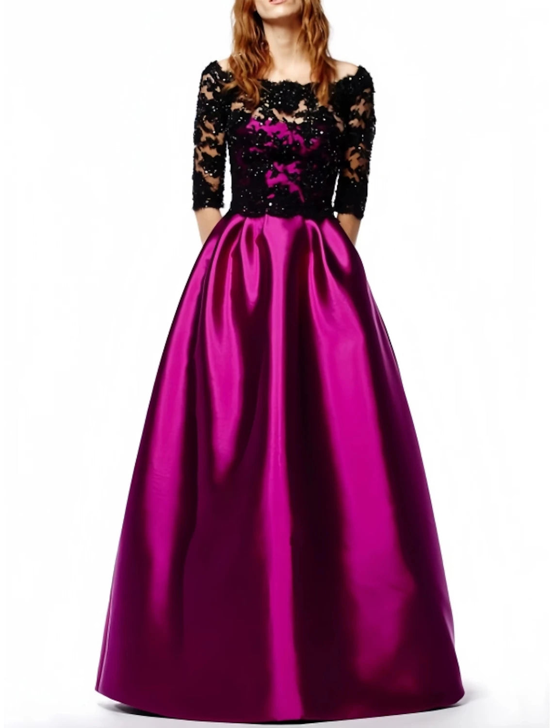 A-Line Evening Gown Party Dress Birthday Fall Floor Length Half Sleeve Off Shoulder Satin with Pleats Sequin 2025