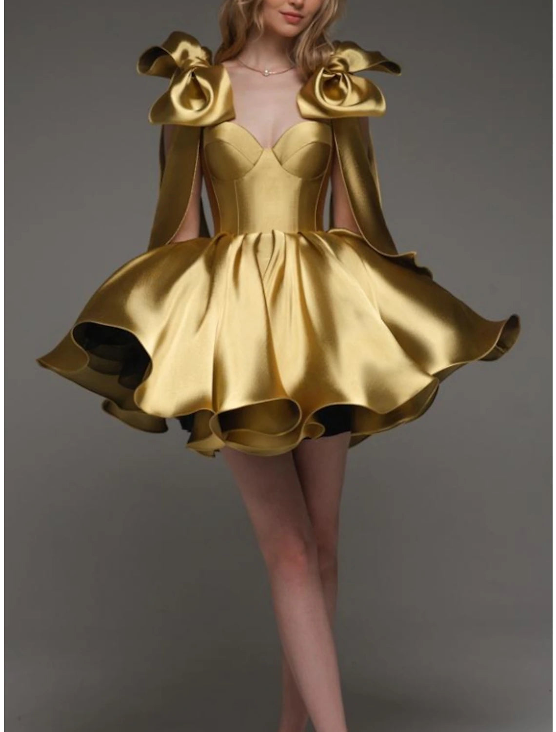 Gold Satin A-Line Short Evening Dress with Sculptural Shoulder Bows