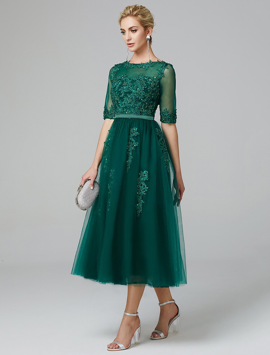 Abito da sera formale a trapezio, stile Kentucky Derby, lunghezza tè, senza maniche, scollo a V, in pizzo su tulle con applicazioni di paillettes, per invitati a nozze