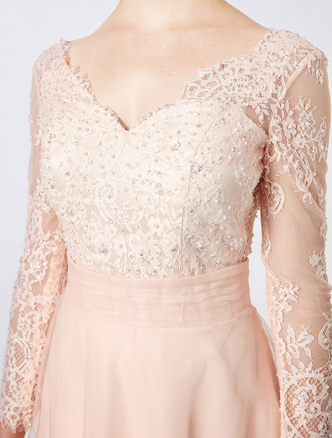 Blushing Pink A-Line Bridesmaid Dress with Lace Bodice & Long Sheer Sleeves