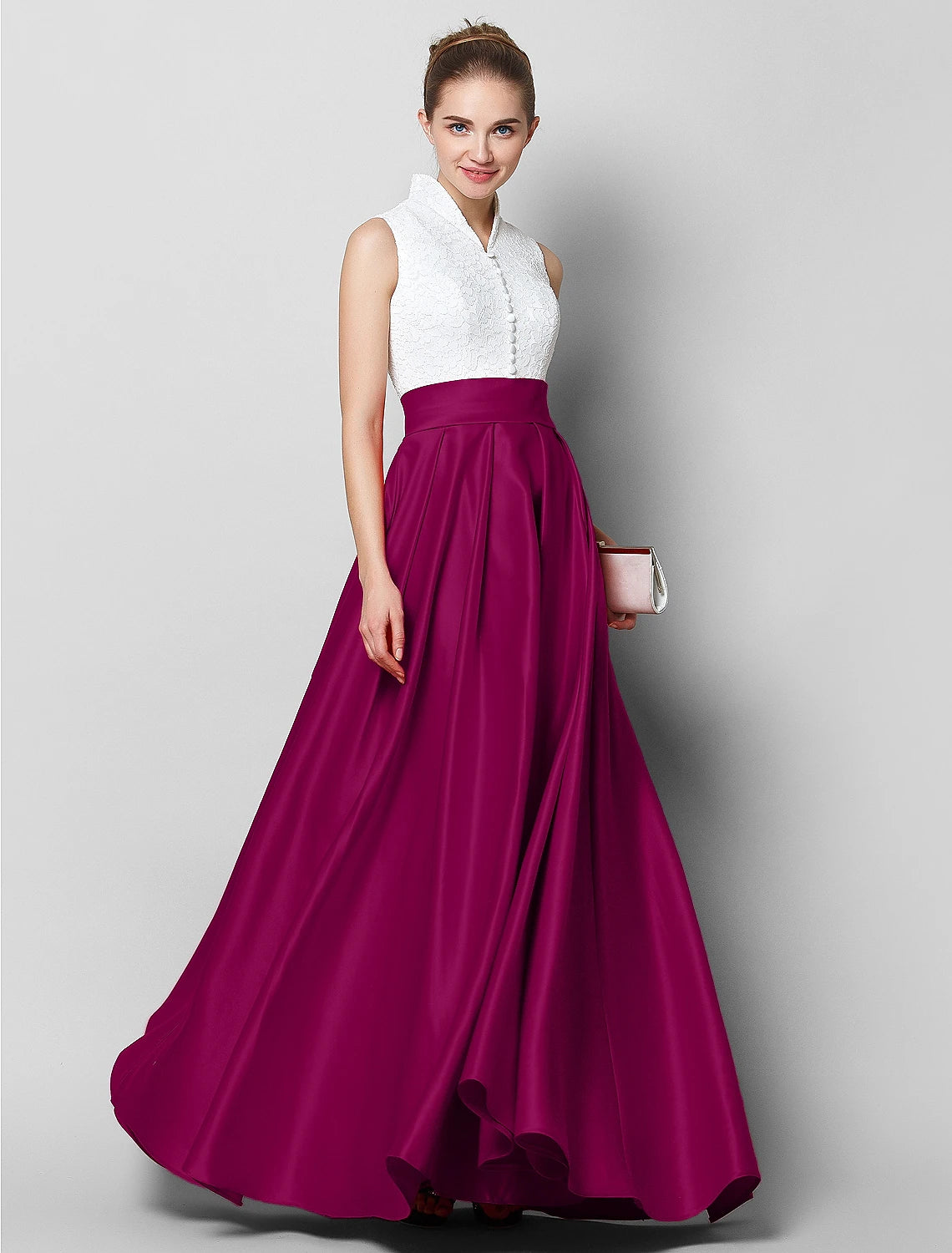 Red & White Satin A-Line Floor-Length Evening Dress with High Neck