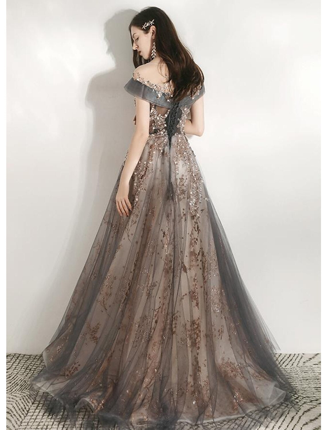 Grey Tulle A-Line Off-the-Shoulder Floor-Length Evening Dress with Glitter Embellishment