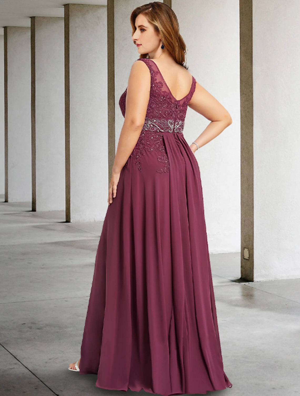 Burgundy Chiffon A-Line Floor-Length Dress with V-Neck, Embroidered Bodice & High Slit
