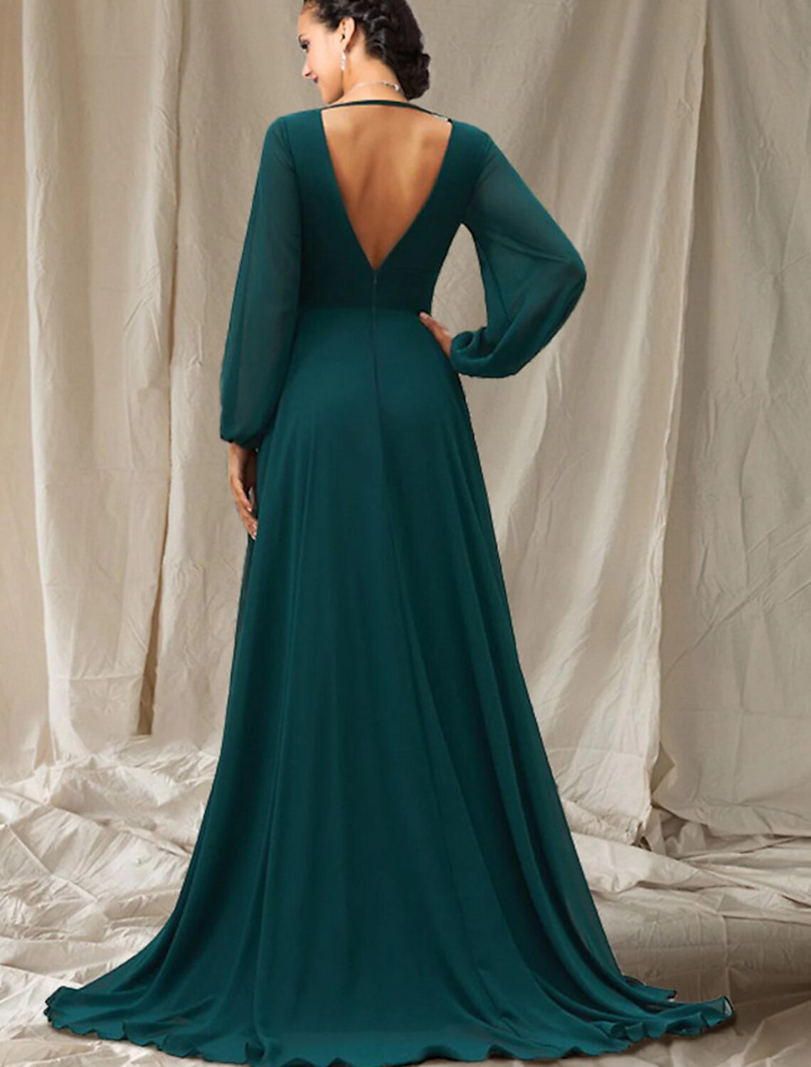 Forest Green Chiffon A-Line Floor-Length Bridesmaid Dress with Deep V-Neck and Bishop Sleeves