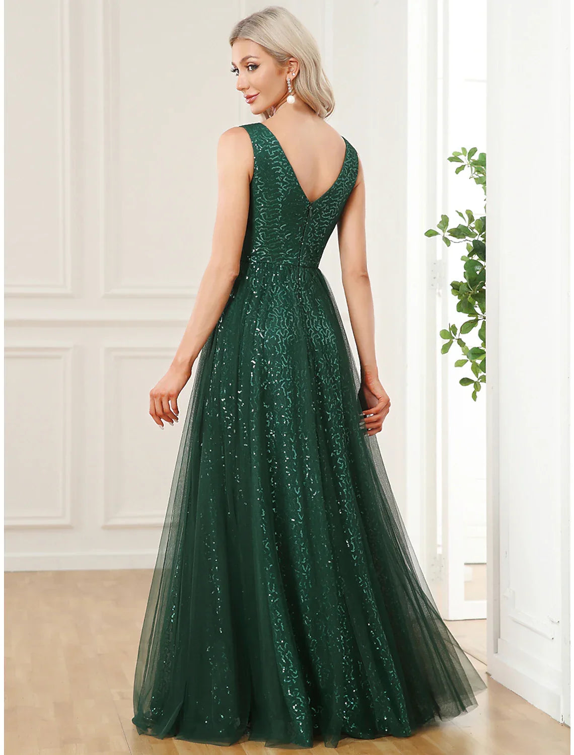 Emerald Chiffon Sequin A-Line V-Neck Floor-Length Evening Dress