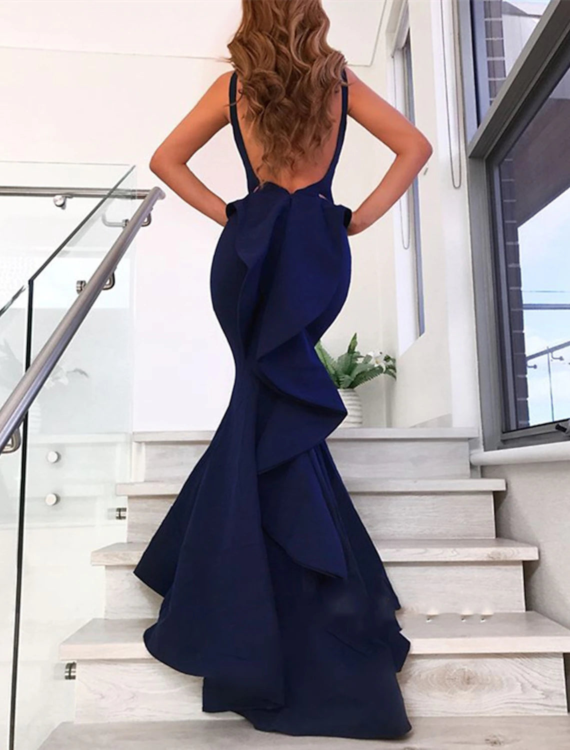 Mermaid / Trumpet Evening Gown Open Back Dress Formal Wedding Guest Court Train Sleeveless V Neck  Fabric with Bow(s) Ruffles 2025
