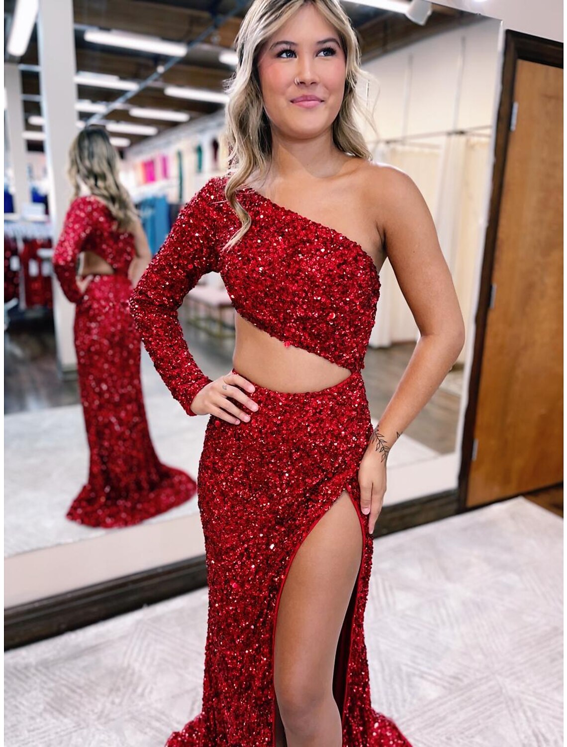 Red Sequin One Shoulder Floor-Length Sheath Evening Dress