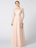 Blushing Pink A-Line Bridesmaid Dress with Lace Bodice & Long Sheer Sleeves
