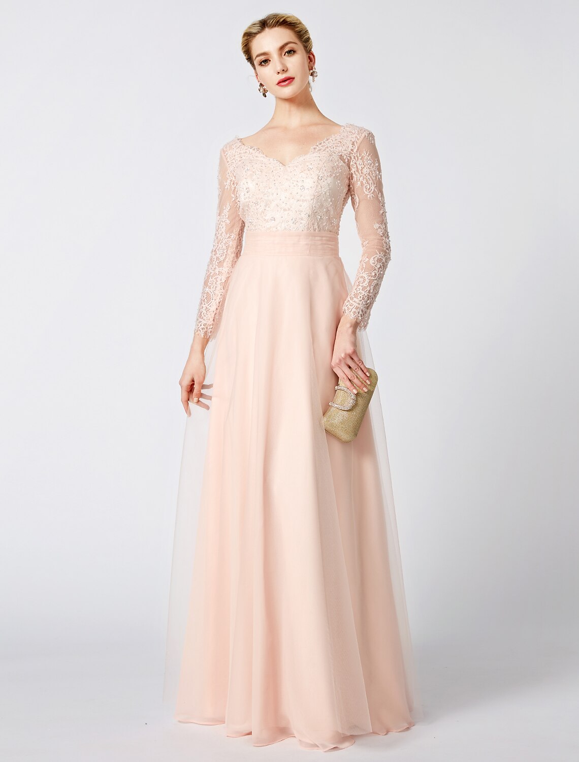 Blushing Pink A-Line Bridesmaid Dress with Lace Bodice & Long Sheer Sleeves