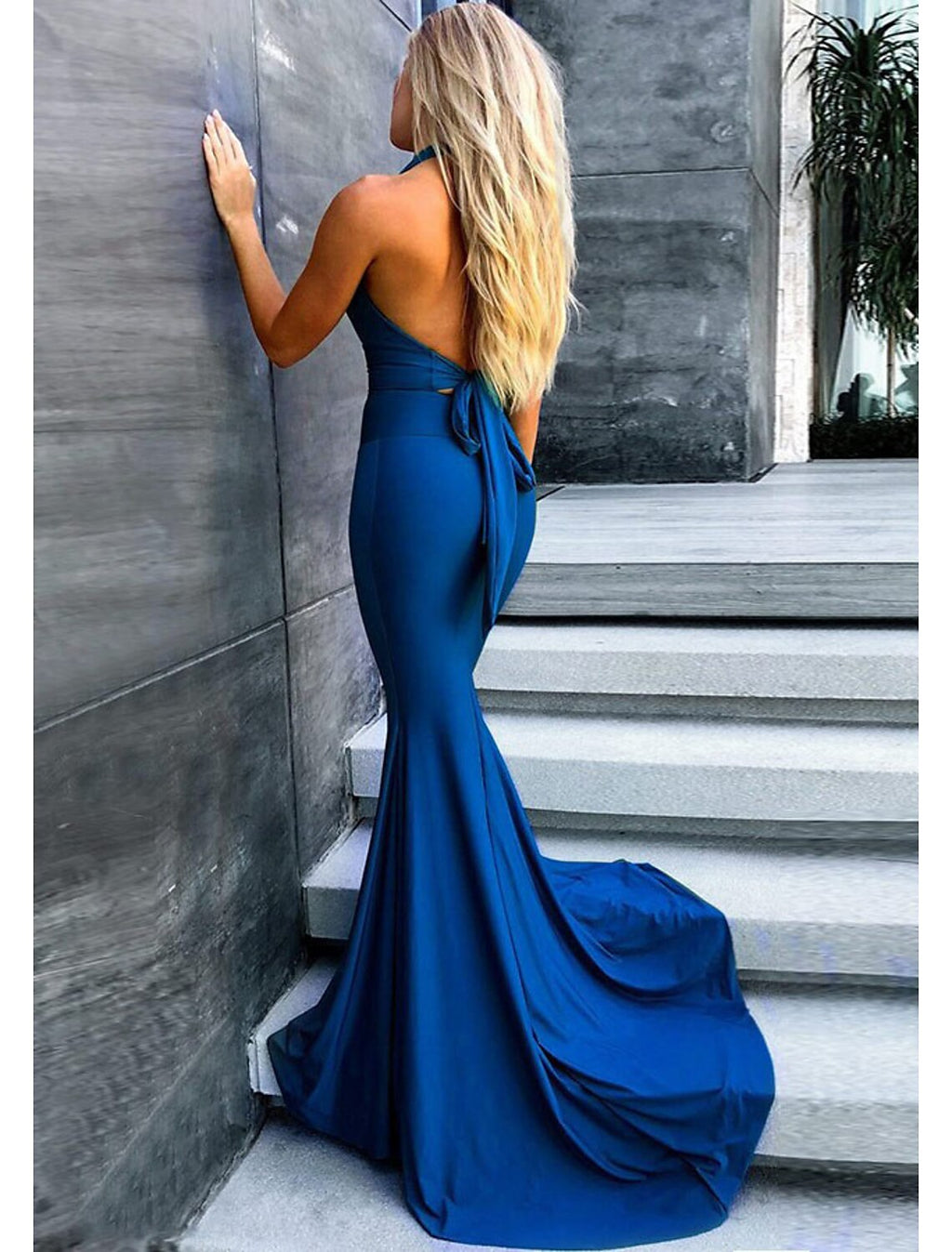 Royal Blue Halter Neckline Mermaid Floor-Length Evening Dress