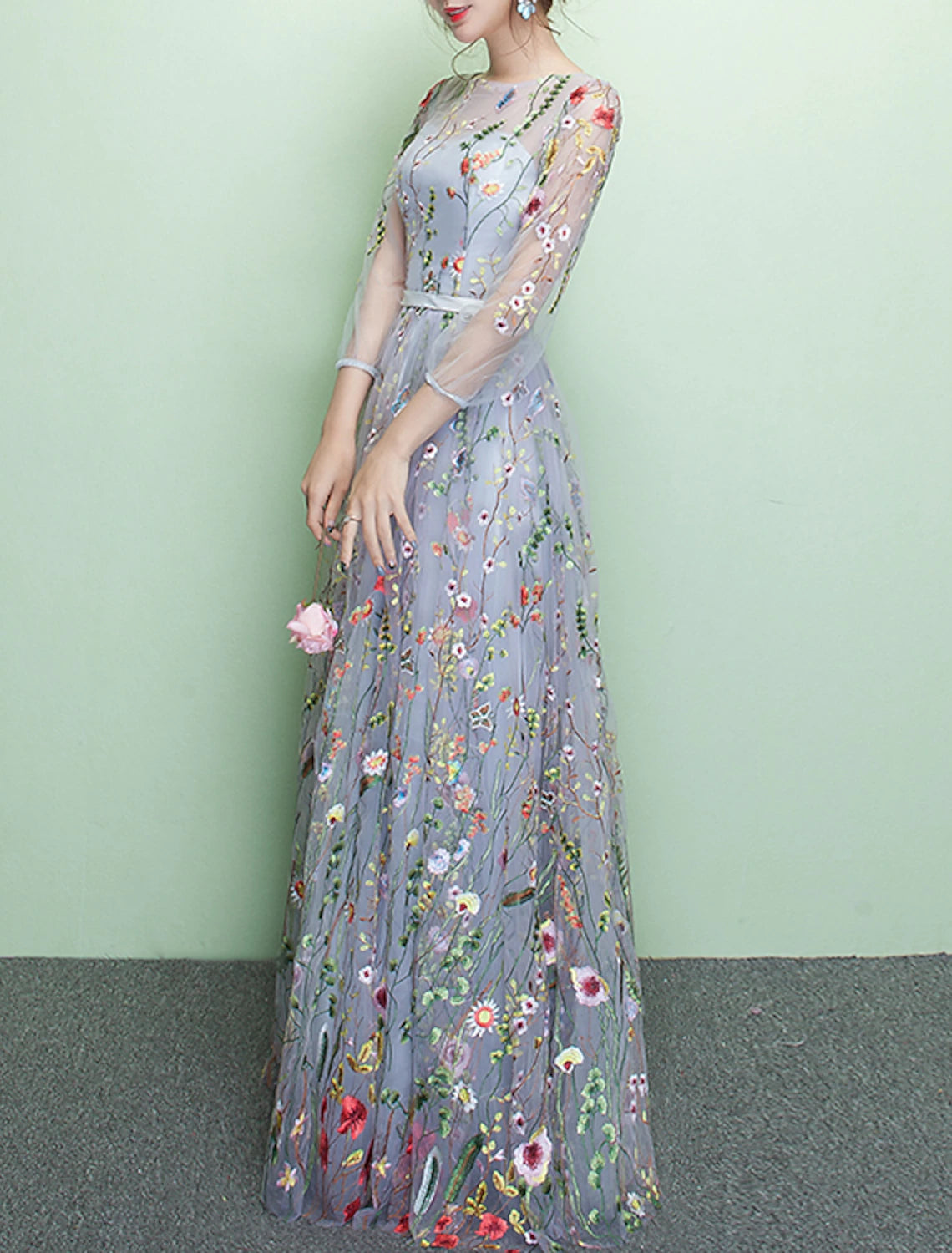 Abiti da ballo a trapezio, abiti floreali, abiti da festa, abiti da ospite di nozze, lunghezza al pavimento, maniche a 3/4, scollo gioiello, pizzo con ricamo