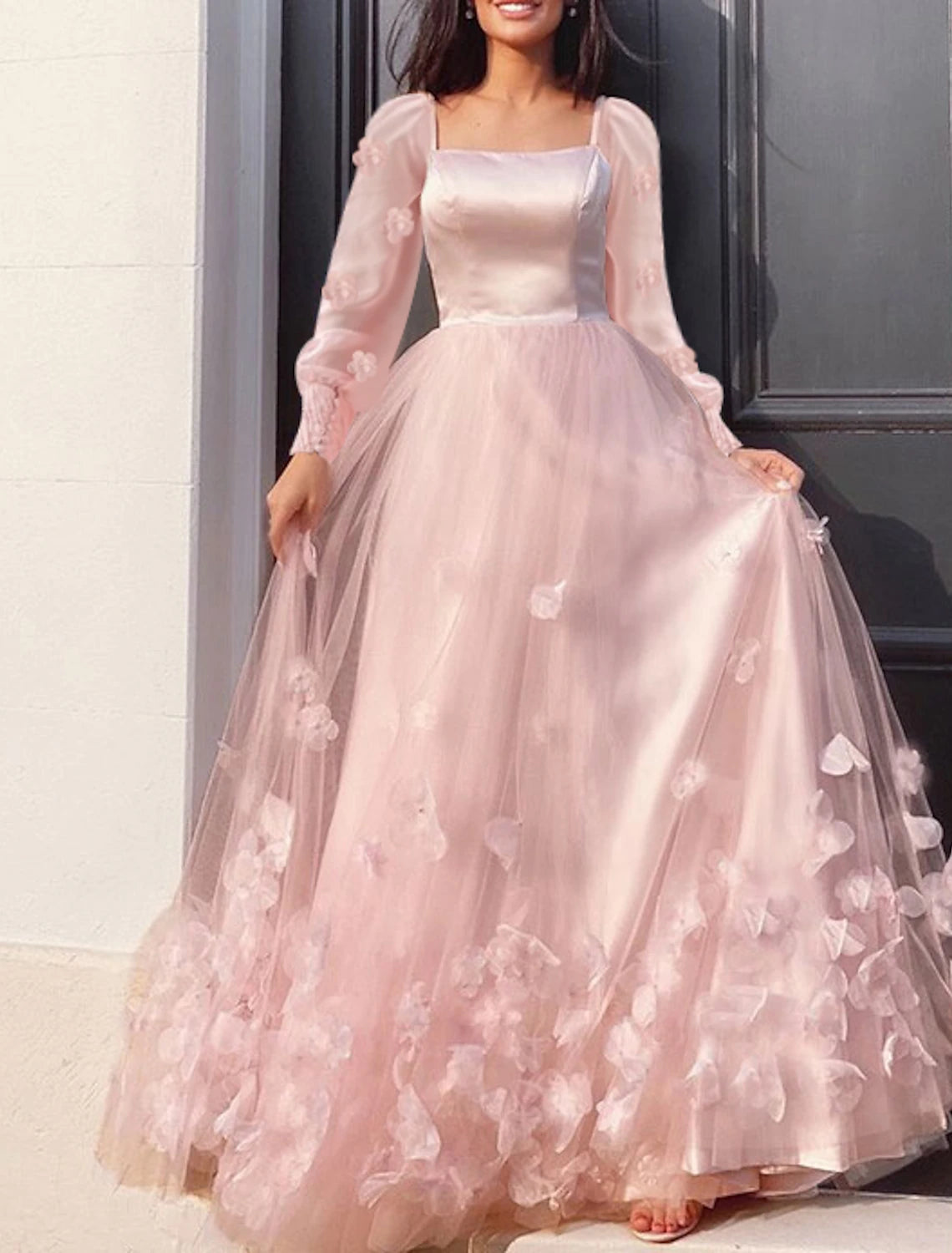 Abiti da ballo a trapezio, abito lungo, da invitata a nozze, per i 16 anni, lunghezza al pavimento, maniche lunghe, scollo a barchetta, in tulle con applicazioni a farfalla, 2025