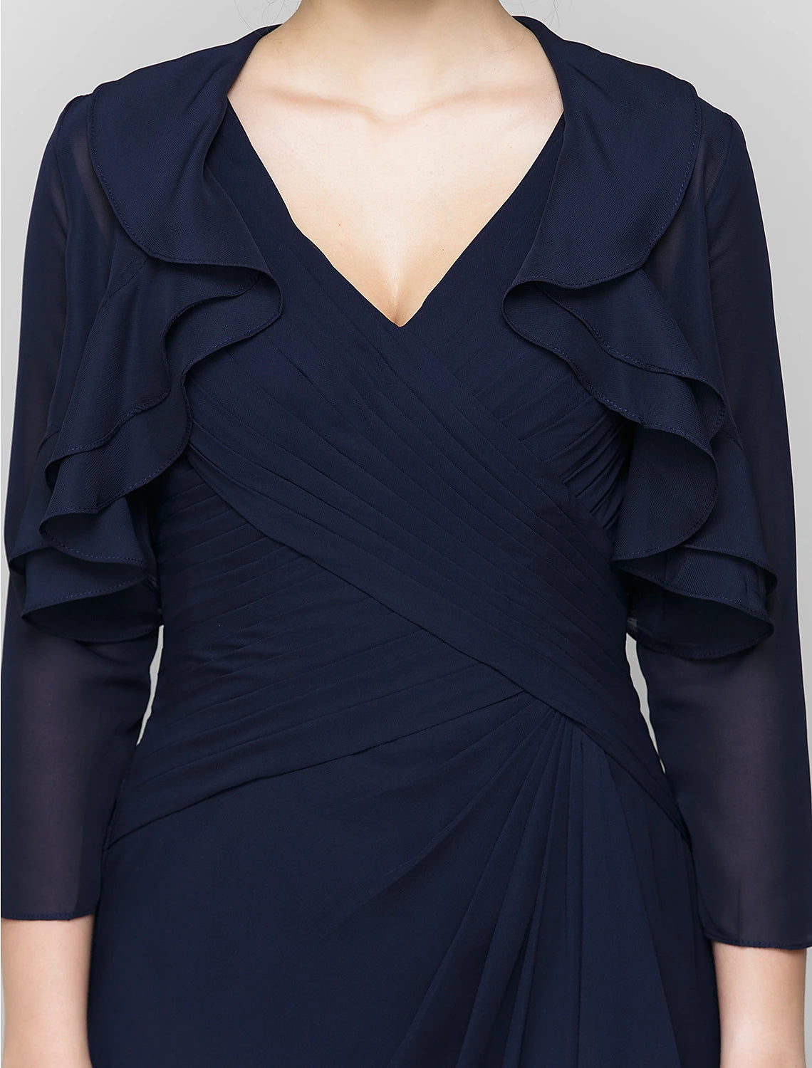 Abito da madre della sposa a tubino/colonna, abito convertibile, scollo a V, lunghezza pavimento, in chiffon, manica a 3/4 con volant a cascata incrociati