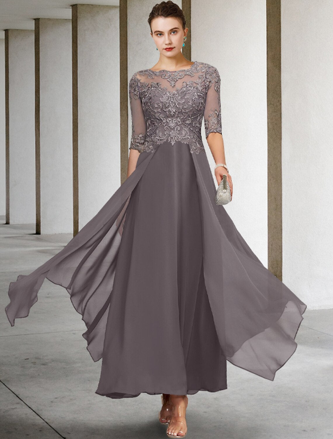 Vestido de madre de la novia de corte A, formal, para invitada de boda, elegante, escote redondo, asimétrico, largo hasta el tobillo, de gasa, con encaje, media manga, sin mangas, con apliques de cuentas