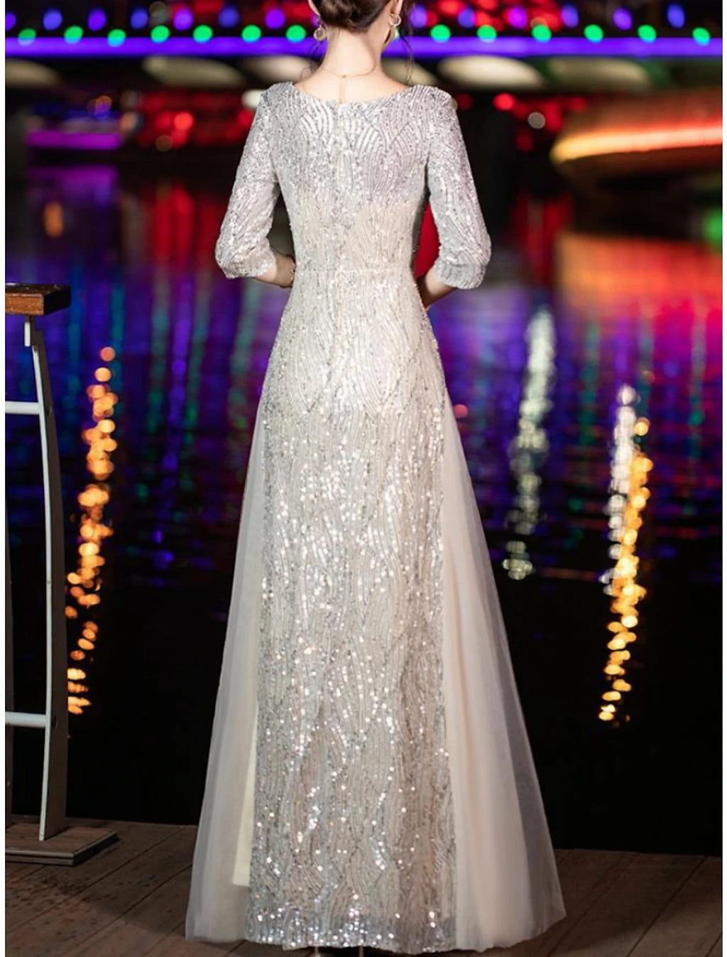 Vestido de madre de la novia con corte tubo/columna, para invitados de boda, fiesta, brillo y brillo, pequeño, escote redondo, largo hasta el suelo, tul con lentejuelas, media manga y pliegues.