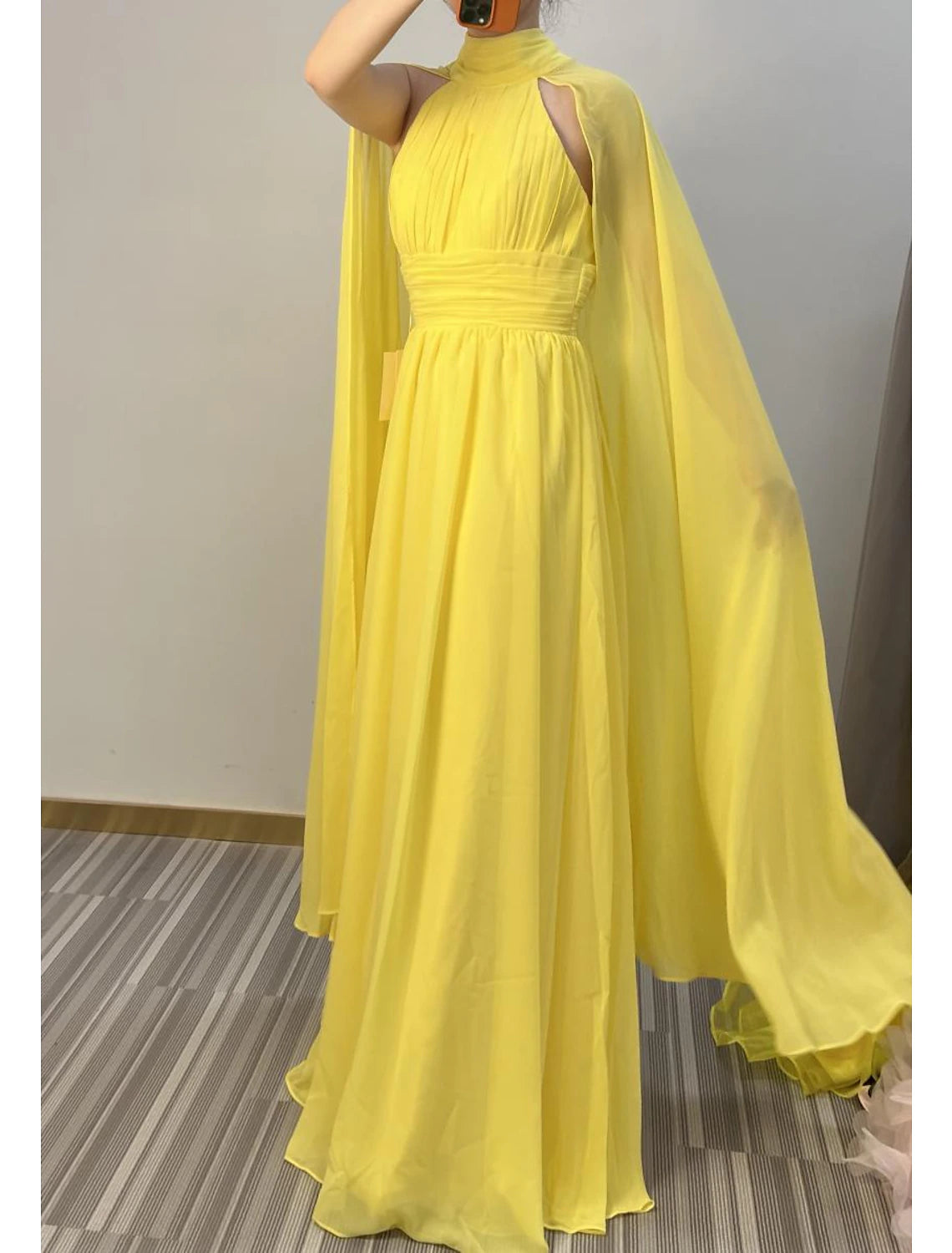 Yellow Chiffon A-Line Halter Neckline Floor-Length Evening Dress with Flowing Cape Sleeves