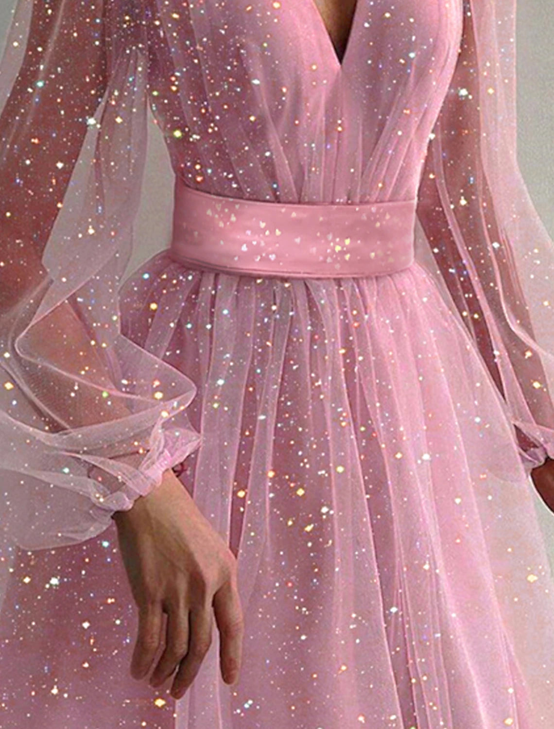 Vestido de fiesta para mujer, vestido de regreso a casa, vestido festivo, vestido midi, rosa albaricoque, manga larga, color puro, malla, verano, primavera, otoño, cuello en V, vestido romántico para fiesta de invierno, cumpleaños