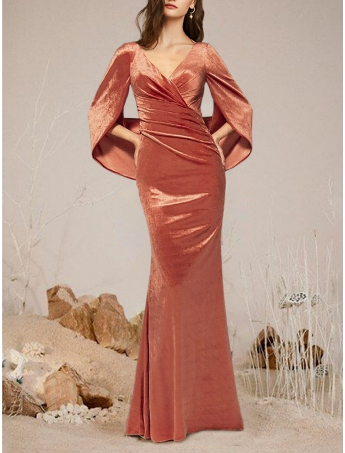 Mermaid / Trumpet Evening Gown Elegant Dress Formal Fall Floor Length Half Sleeve V Neck Velvet with Pleats Ruched