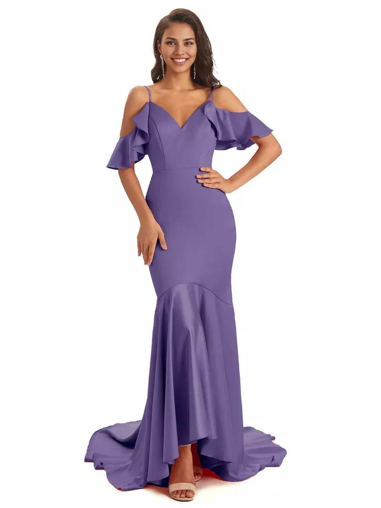 Soft Satin Asymmetric Spaghetti Straps Sleeveless Mermaid Cold Shoulder Bridesmaid Dresses