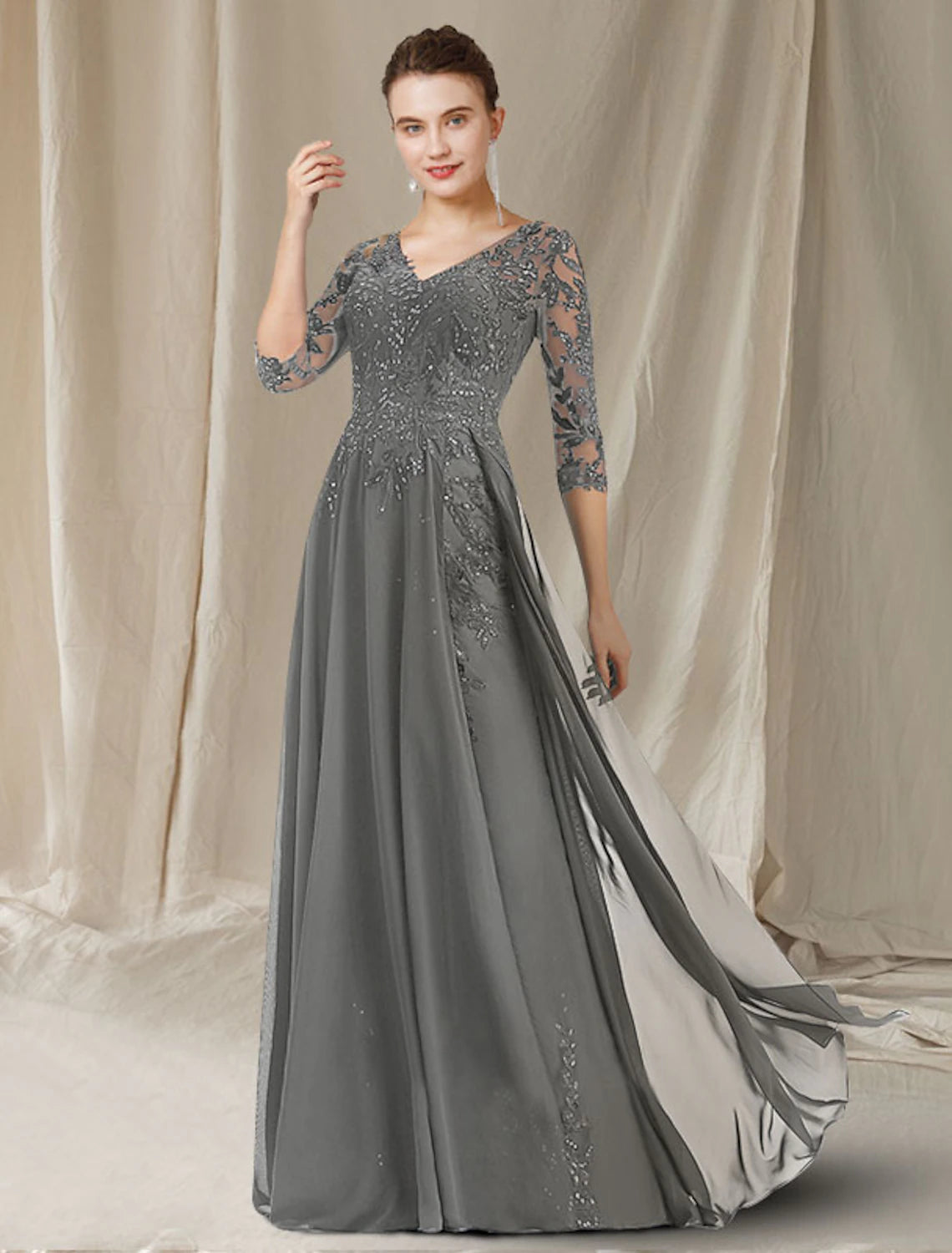 Vestido elegante de madre de la novia de corte A, escote en V, largo hasta el suelo, de gasa, encaje con lentejuelas, media manga con apliques de lentejuelas