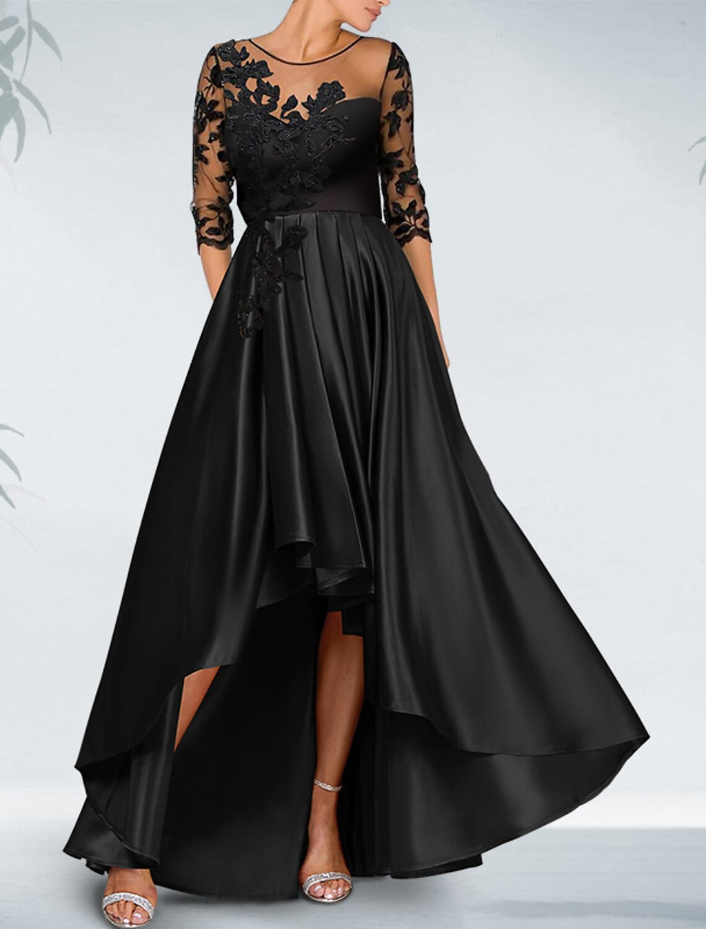Black Satin A-Line Asymmetrical Evening Dress with Lace Illusion Bodice & High-Low Hem
