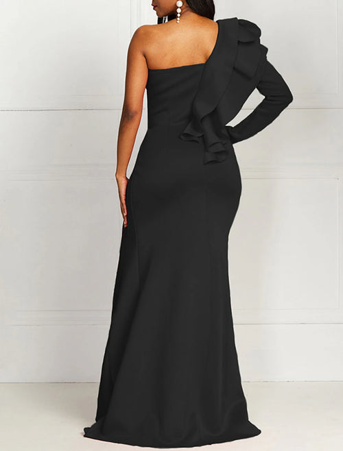 Black Crepe One Shoulder Floor-Length Sheath Dress with Cascading Ruffle