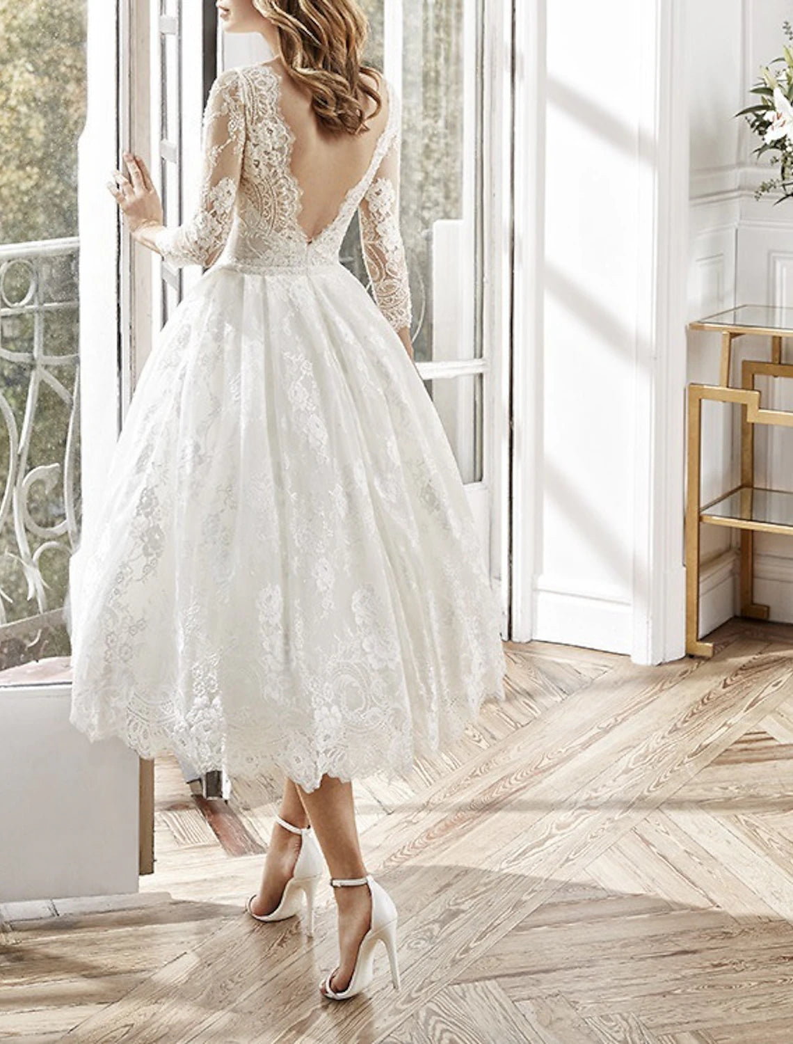 Abiti da festa a trapezio, eleganti, da invitare a nozze, da ballo, lunghezza tè, maniche lunghe, scollo gioiello, in poliestere, senza schienale, con applicazioni