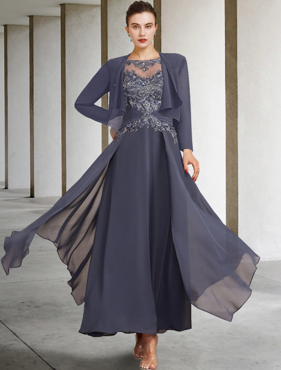 Slate Blue Chiffon A-Line Floor-Length Evening Dress