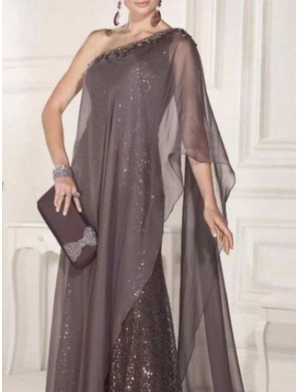 Sheath Mother of the Bride Dress Cape Dress Wedding Guest Elegant Party Sparkle & Shine One Shoulder Sweep / Brush Train Chiffon Lace Sleeveless with Pleats Sequin