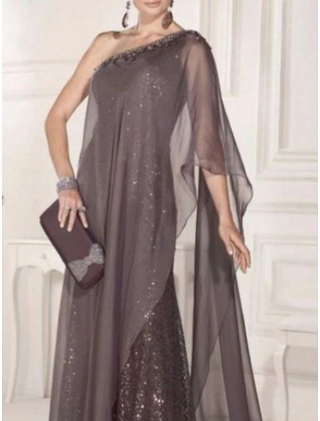 Vestido de madre de la novia, vestido de capa, vestido de invitada de boda, elegante, fiesta, brillo y resplandor, un hombro, cola larga/cepillo, gasa, encaje, sin mangas, con pliegues y lentejuelas