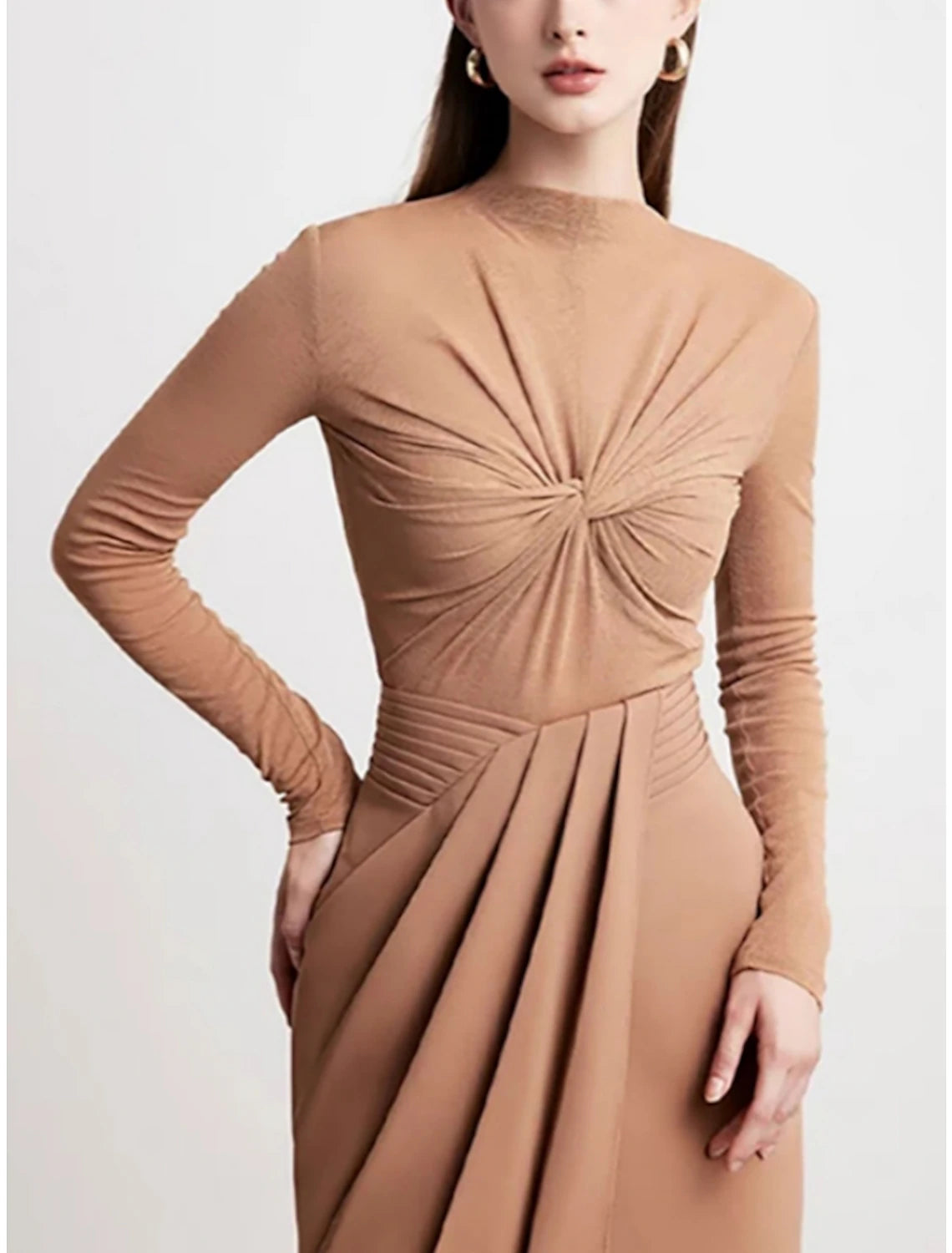 Vestido de noche elegante, corte tubo, largo hasta la rodilla, manga larga, cuello alto, abertura fruncida, 2025