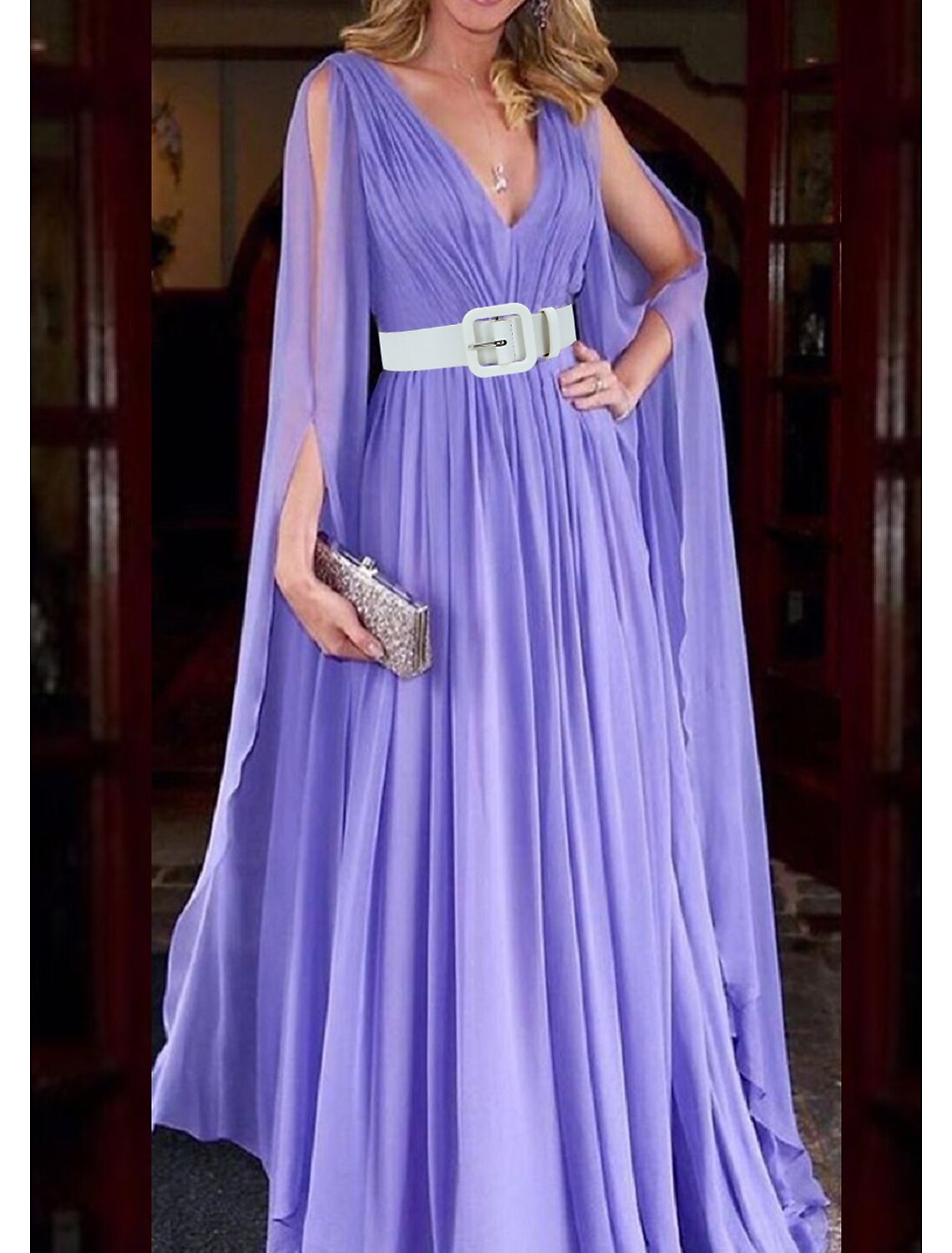 Lilac Chiffon A-Line Floor-Length Bridesmaid Dress with Draped Bodice and Cape Sleeves