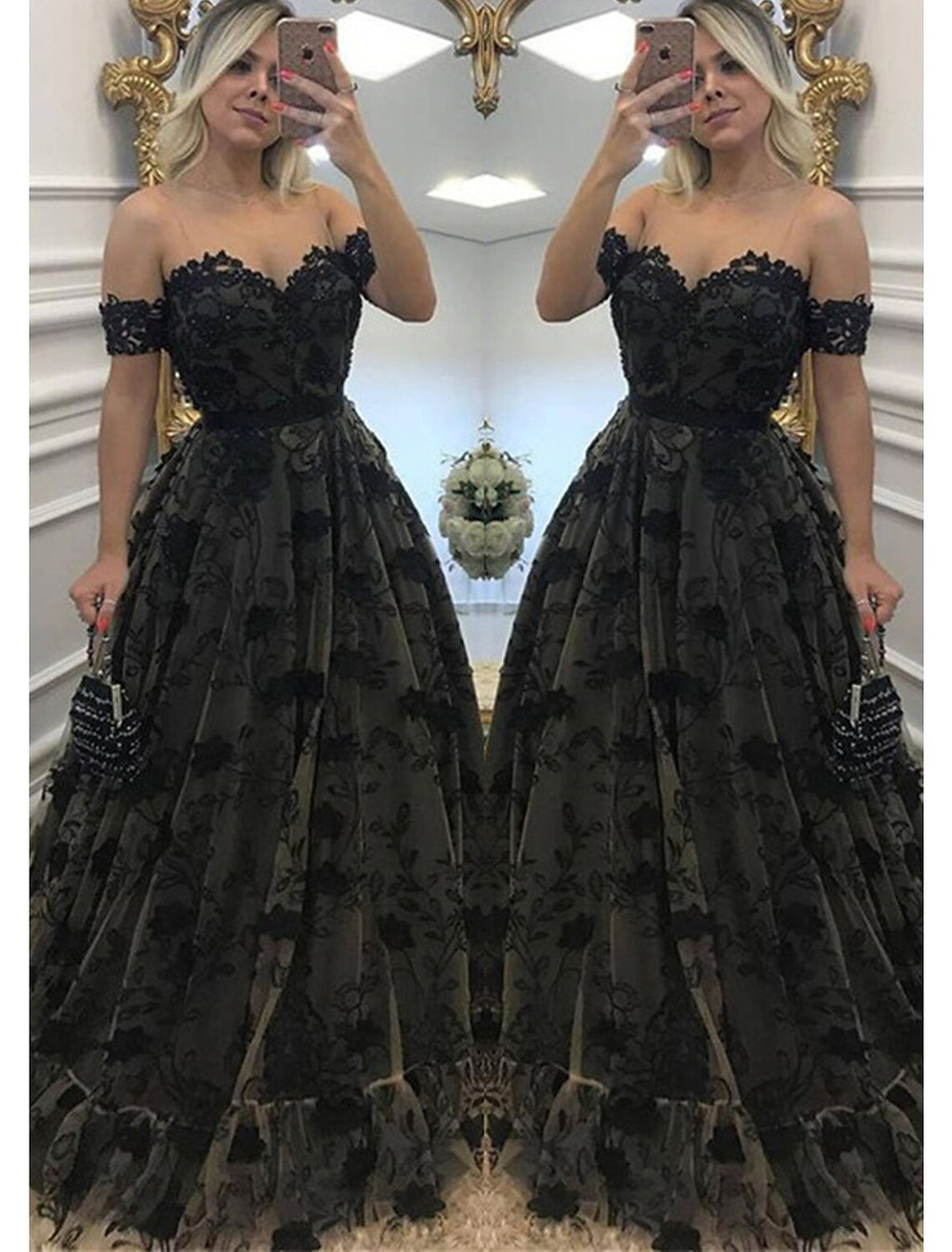 Black Lace A-Line Off-the-Shoulder Floor-Length Evening Dress