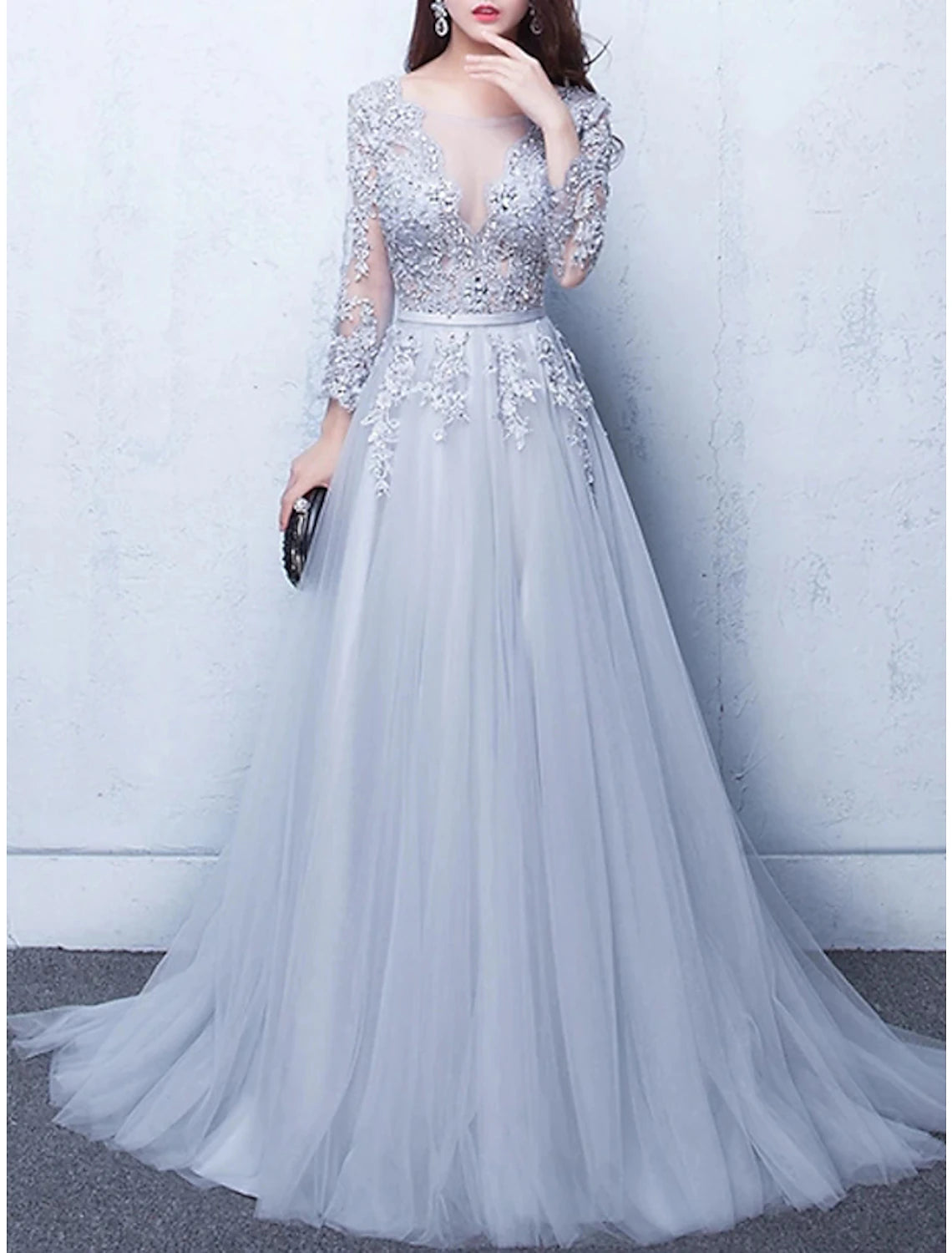 Vestido de noche de corte A, vestido de fiesta, vestido de lujo, para invitada de boda, compromiso, cola capilla, media manga, cuello ilusión, tul con apliques de cuentas.