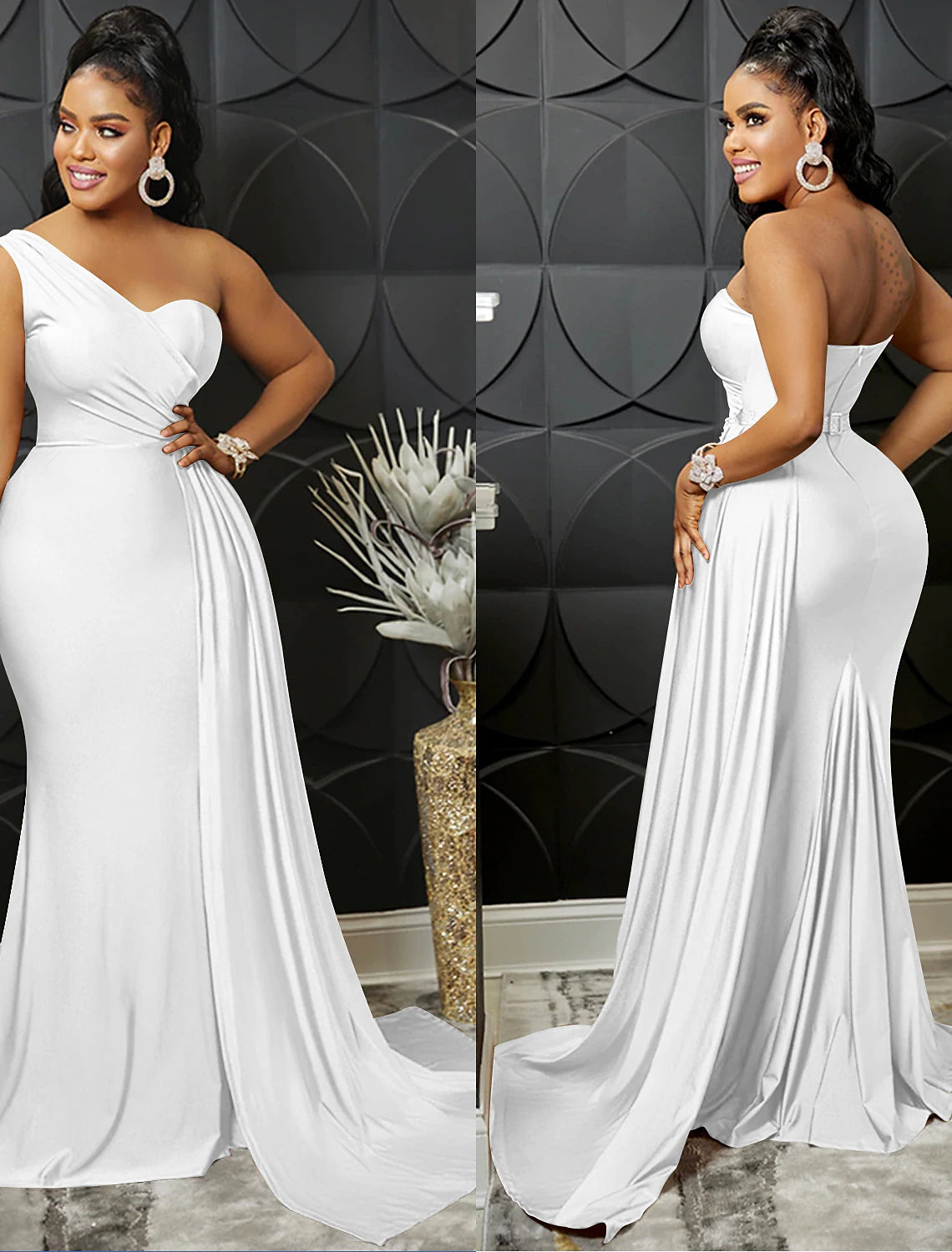 Elegant Gold Satin One Shoulder A-Line Floor-Length Evening Gown