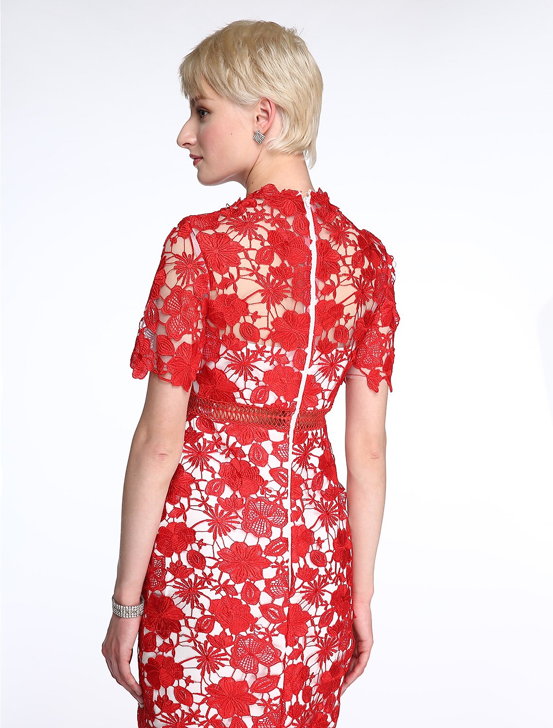 Abito da madre della sposa a tubino/colonna, trasparente, collo alto, lunghezza al ginocchio, pizzo, maniche corte, senza pizzo