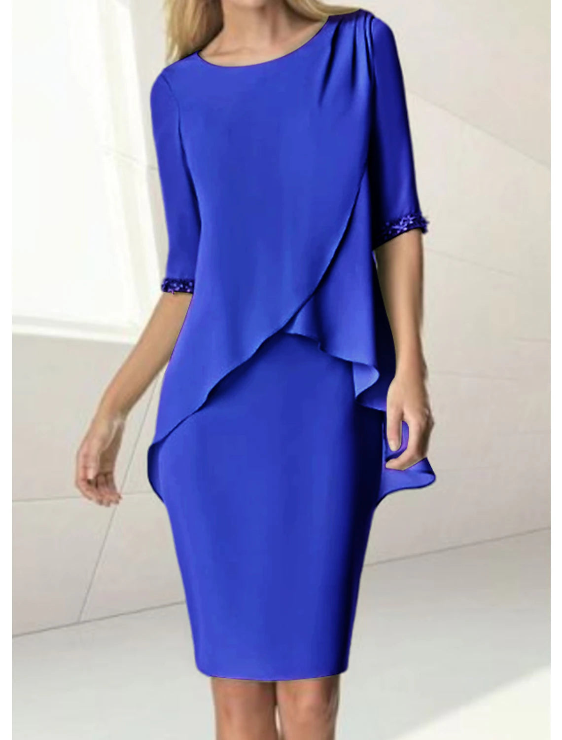 Abito da cerimonia per la madre della sposa, a tubino, con scollo a V, lunghezza al ginocchio, in chiffon, maniche corte, con arricciature e perline