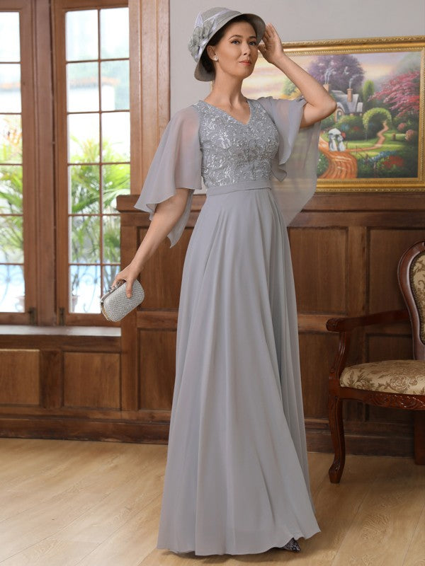 Grey Chiffon A-Line V-Neck Floor-Length Evening Dress with Embroidered Bodice & Flutter Sleeves
