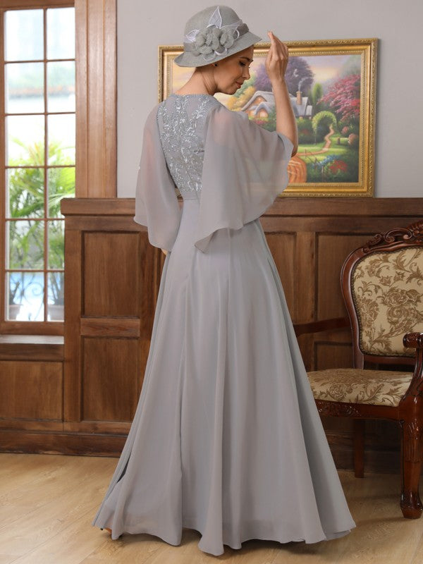Grey Chiffon A-Line V-Neck Floor-Length Evening Dress with Embroidered Bodice & Flutter Sleeves