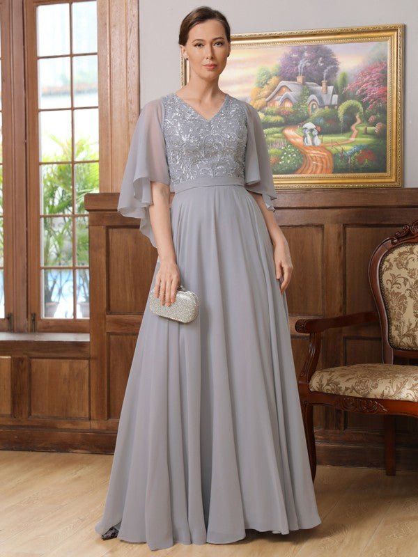 Grey Chiffon A-Line V-Neck Floor-Length Evening Dress with Embroidered Bodice & Flutter Sleeves