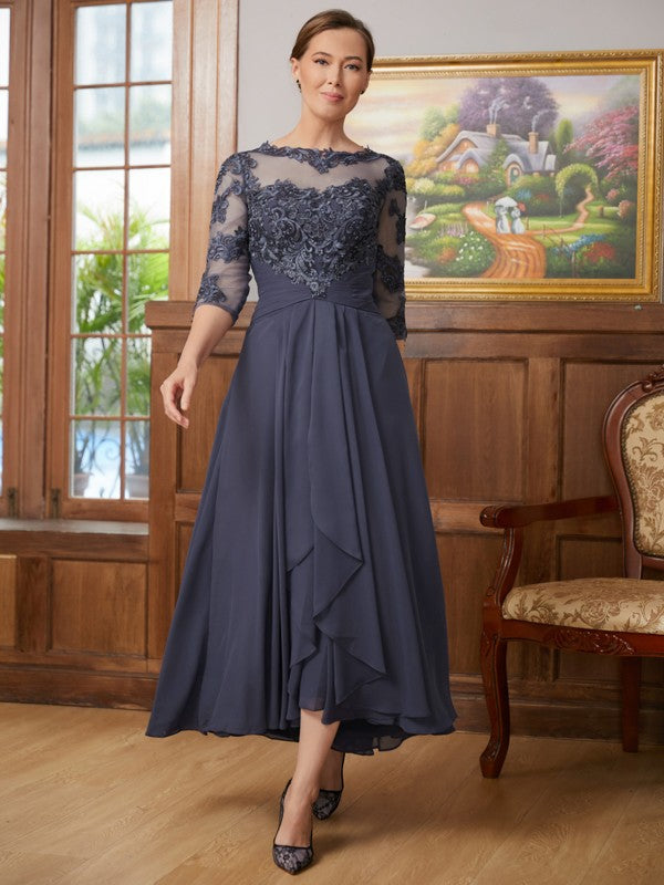Dark Navy Chiffon A-Line Tea-Length Evening Dress with Boat Neck and Lace Bodice