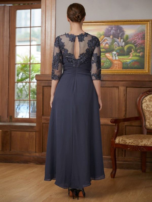 Dark Navy Chiffon A-Line Tea-Length Evening Dress with Boat Neck and Lace Bodice