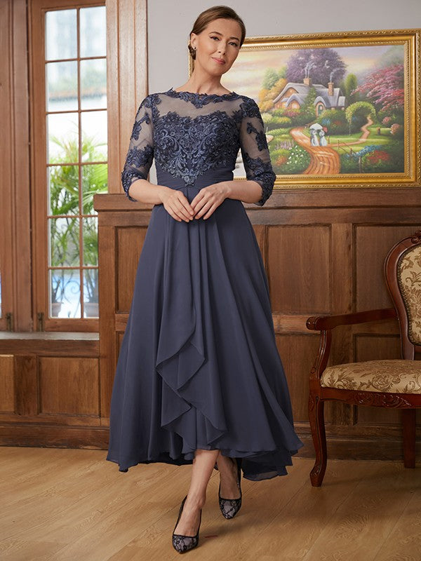 Dark Navy Chiffon A-Line Tea-Length Evening Dress with Boat Neck and Lace Bodice