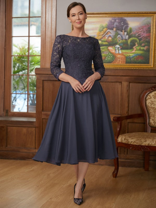 Dark Navy Beaded Lace & Chiffon A-Line Tea-Length Dress with Scoop Neck