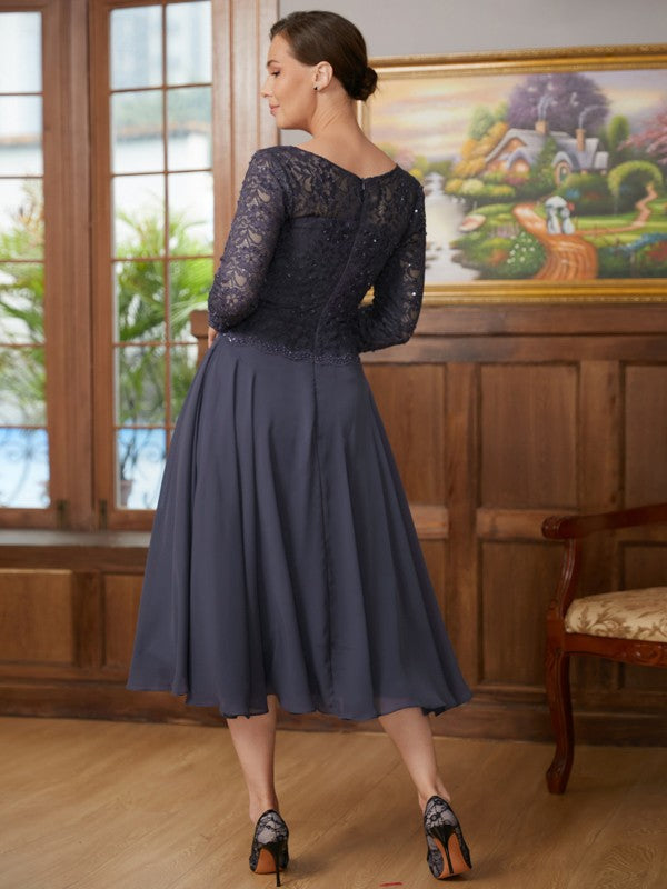 Dark Navy Beaded Lace & Chiffon A-Line Tea-Length Dress with Scoop Neck
