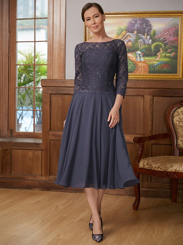 Dark Navy Beaded Lace & Chiffon A-Line Tea-Length Dress with Scoop Neck